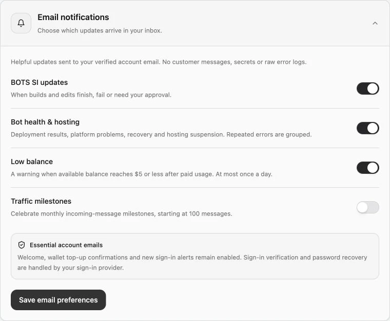 Email notification preferences in account settings