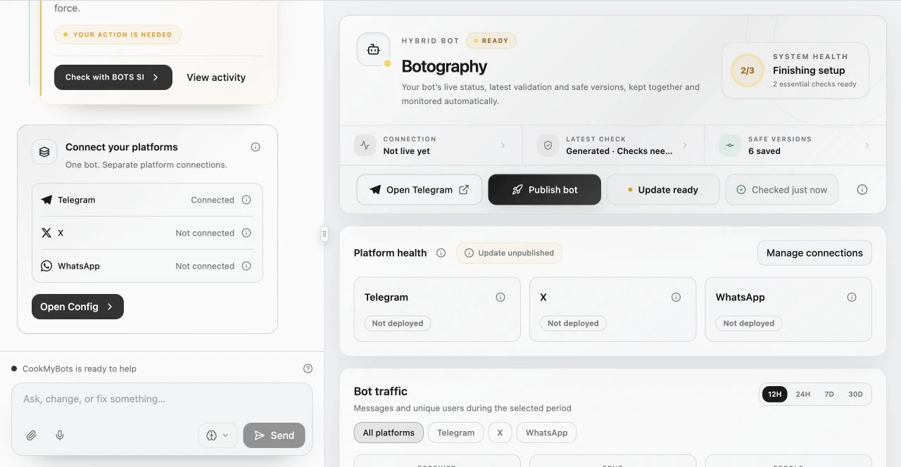 Bot workspace with chat and project navigation